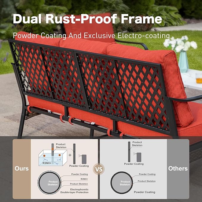 5 Piece Metal Outdoor Patio Furniture Set, Patio Conversation Sets with 3-Seater Sofa, Loveseat, 2 Fixed Sofa (5.75" Thick Cushion) & Coffee Table Black Backyard Furniture, Rust Red
