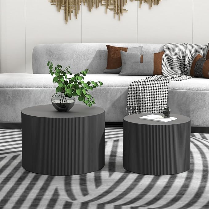 Round Coffee Table Set of 2, Modern Wooden Black Nesting Tables for Living Room, No Assembly Required Circle Side Tables Set Accent End Table for Bedroom, Balcony