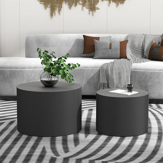 Round Coffee Table Set of 2, Modern Wooden Black Nesting Tables for Living Room, No Assembly Required Circle Side Tables Set Accent End Table for Bedroom, Balcony