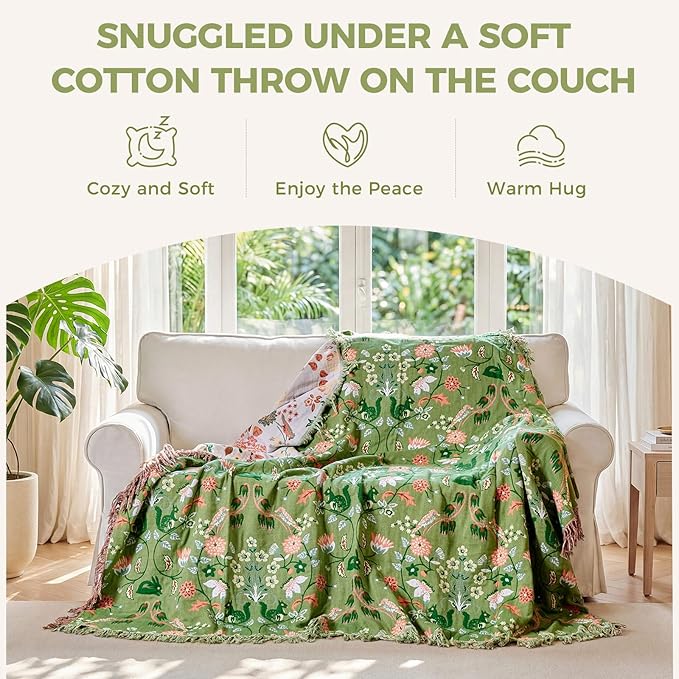 Boho Throw Blanket for Bed 100% Cotton Soft Lightweight Quilt Room Decor Green Spring Bed Blankets,Floral Garden Embroidery Reversible All Season Twin Blankets for Sofa Couch Chair 60"x80"