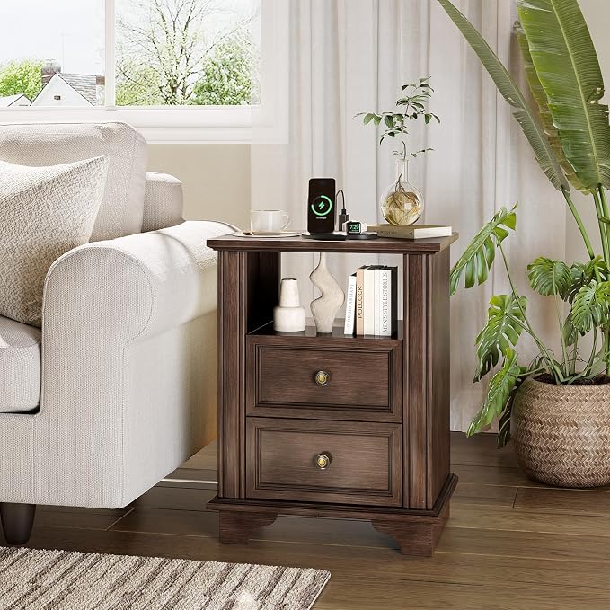 VINGLI 19.7" Nightstand with Charging Station, Wood Nightstand with Drawers, Night Stand for Bedroom, Bed Side Table, End Table, Brown, 19.69" W*13.78" D*25.67" H - Image 8