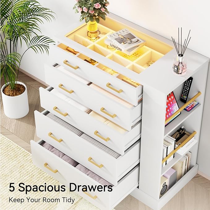 Closet Island with Open Shelves, Modern Glass Top Dresser with LED Lights, Tall Chest of Drawers with Jewelry Organizer for Bedroom,Living Room, Bedroom, Hallway, Entryway, White