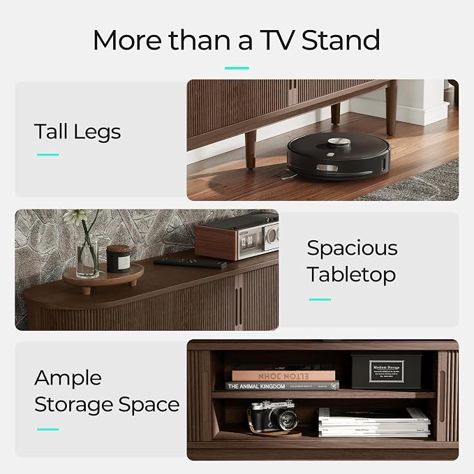 LINSY HOME 58" Fluted TV Stand for TVs up to 65 Inch, Mid Century Modern Entertainment Center with Storage Cabinet and Sliding Doors, Farmhouse Wood Media TV Console for Living Room, Bedroom, Walnut - Image 7