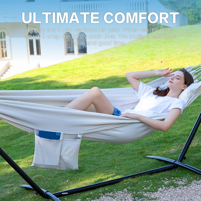 PNAEUT Double Hammocks with Stand for Outside, Portable Space Saving Heavy-Duty Steel Stand for Indoor Outdoor Patio with Carrying Bag, 450 lbs Capacity (Beige) - Image 3