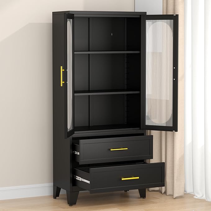 Ckzbx 71" H Metal Armoire Wardrobe Closet with Mirror, Adjustable Shelve, Clothes Drying Pole, Steel Wardrobe Cabinet for Bedroom (Black 2 Drawers)