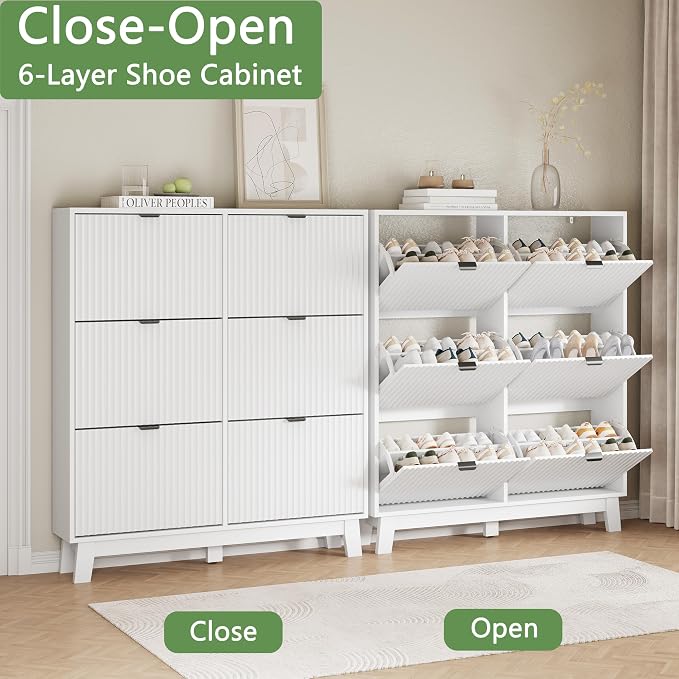 Xixini Shoe Cabinet with 6 Flip Drawers, 54" Tall Narrow Fluted Shoe Storage Organizer for Entryway, Hidden Slim Wooden Shoe Rack Cabinet for Front Door Entrance, Hallway, Living Room, Solid White - Image 5