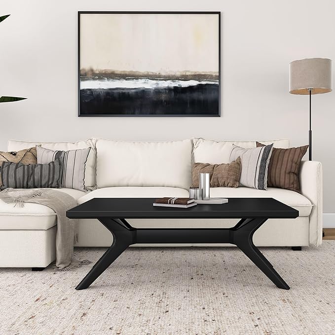 Plank+Beam Cross Leg Rectangular Coffee Table, 48 Inch Wood Coffee Table for Living Room, Modern Center Table, Cocktail Table, Black