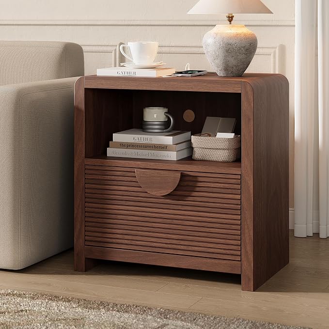 23" Wide Fluted Nightstands Set of 2 with Charging Station, Wood Bedside Tables with Drawer and Open Compartment, Mid Century End Tables for Bedroom, Home Office, Walnut - Image 6