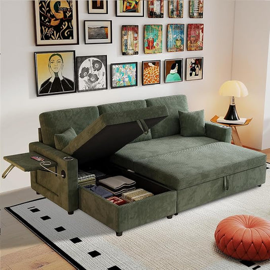 Rovibek 83" Convertible Sofa Bed Couch with Storage & USB Port – 4 in 1 L Shaped Sofa with Pull Out Couch Bed, Side Table, Cup Holder for Living Room, Apartment, Office, Small Spaces, Green