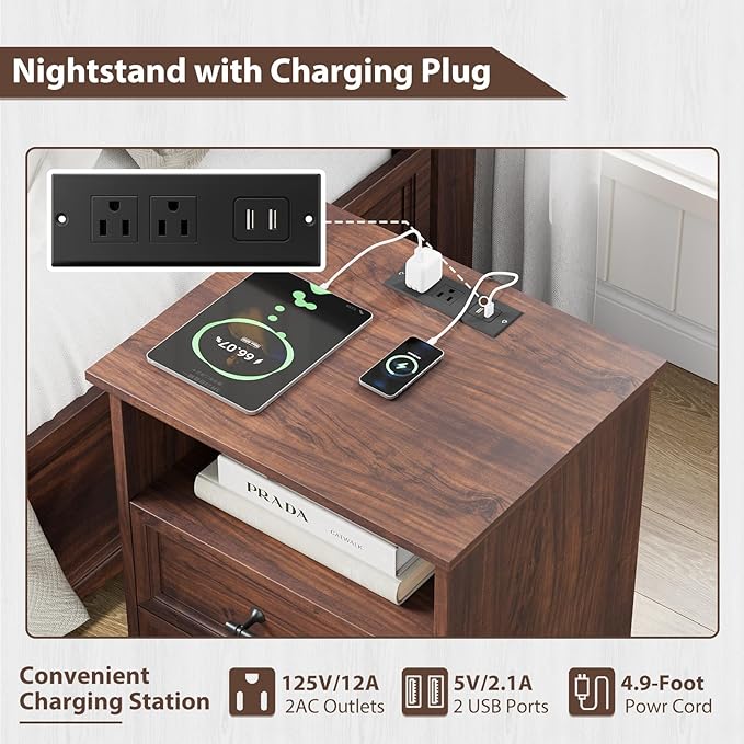 Bedroom Set, 3 Pieces Bedroom Furniture Set, Wood 6 Drawer Dresser and Nightstands with Charging Station, Farmhouse Storage Organizer Cabinet for Bedroom, Walnut