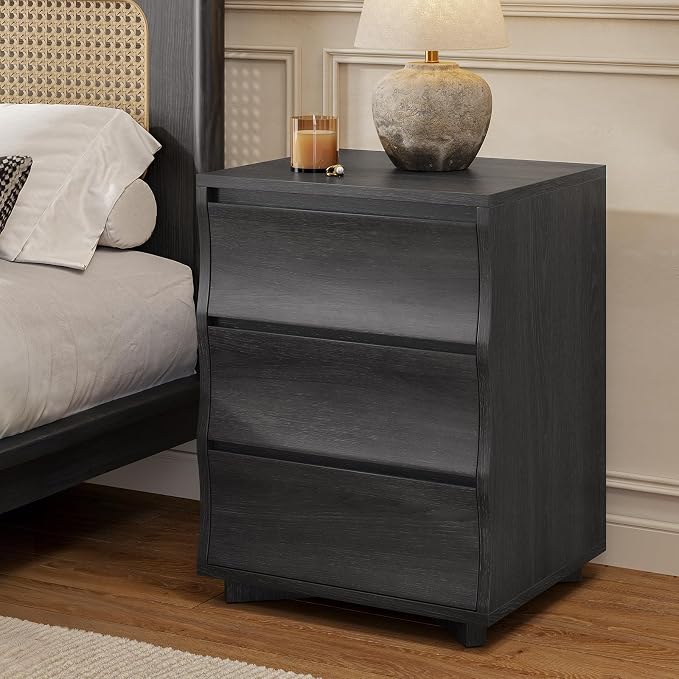Black Nightstand, Night Stand with 3 Drawers, Modern Nightstand with Large Storage, Silent Slides, Wooden End Side Table, Bedside Table with 3 Drawers for Bedroom by SUCSSRICH