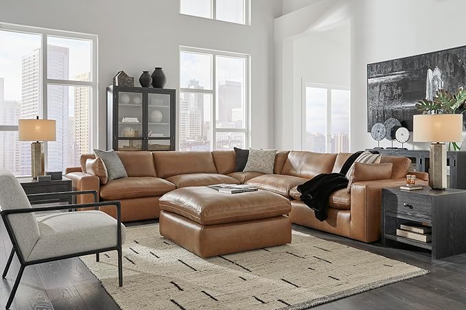 Signature Design by Ashley Emilia Modern Modular Leather Match 5-Piece Sectional with Loose Back Cushions and 2 Bolster Pillows, Light Brown