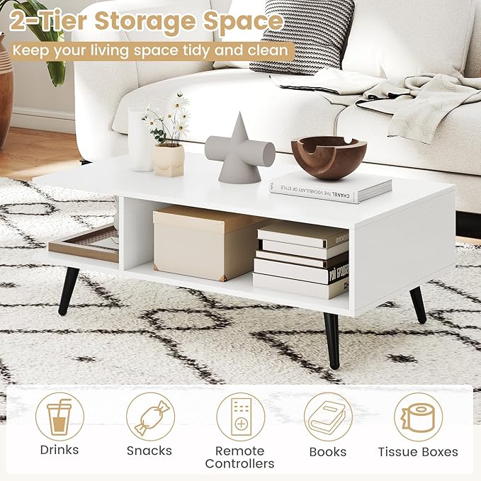Giantex Coffee Table with Storage, Mid Century Modern Center Table for Living Room, Rectangle Tea Table with Open Storage Shelf & Floor-Anti-Scratching Tapered Metal Legs, Rustic Brown (White)