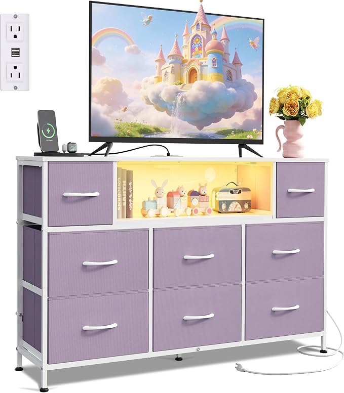 WLIVE Purple Dresser TV Stand for 45, 50, 55 inch TV, Entertainment Center with LED Lights & Charging Station, Chest of Drawers with 8 Fabric Drawers and Open Shelves for Living Room, Hallway by WLIVE