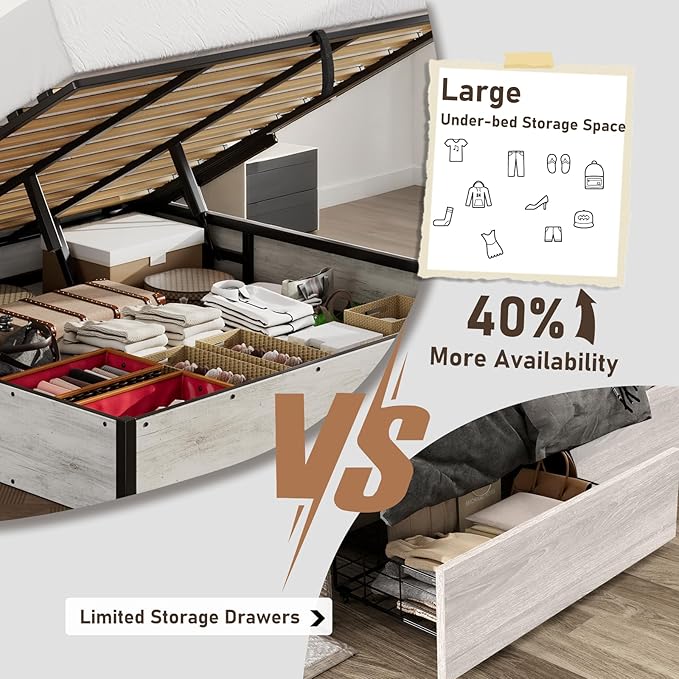 LUXOAK 3 Pieces Bedroom Sets, Includes King Size Lift Up Storage Platform Bed Frame, 2 Drawers Farmhouse Nightstand Set of 2 with Charging Station, No Box Spring Needed, White Oak
