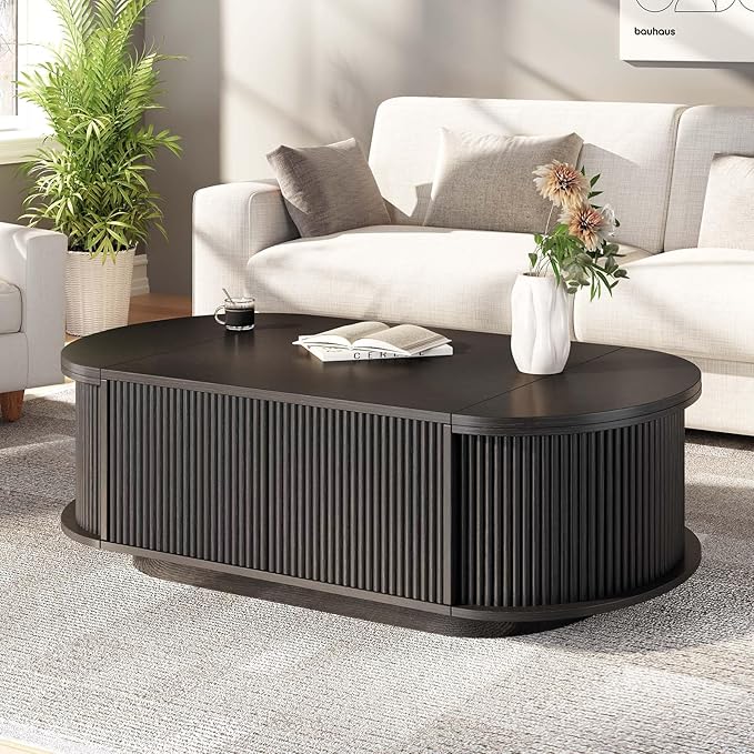 HSH Oval Coffee Table with Storage, 47” Modern Coffee Table with Press Type Door, Fluted Living Room Tables with 2 Flip-Top Hidden Lids, Wood Center Table for Living Room, Office, Black