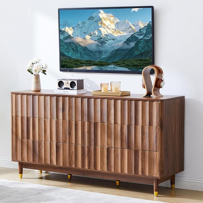 Bifins Fluted Dresser for Bedroom with 9 Drawers, 60" Wide Mid Century Modern Chest of Storage Drawers, Large Wood TV Dresser for Bedroom Living Room by BifinsFurniture
