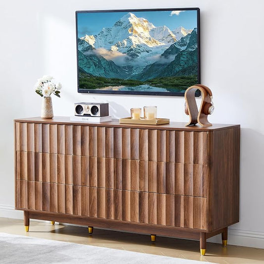 Bifins Fluted Dresser for Bedroom with 9 Drawers, 60" Wide Mid Century Modern Chest of Storage Drawers, Large Wood TV Dresser for Bedroom Living Room by BifinsFurniture