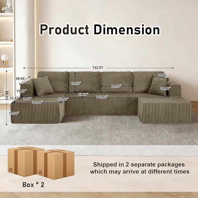 132.48" U-Shaped Sectional Couch, 4-Seat Frameless Modular Sofa with Oversized Chaise, Big Comfy Cloud Couch Set in Soft Corduroy, No-Assembly Boneless Sofas for Living Room, Compressed, Brown