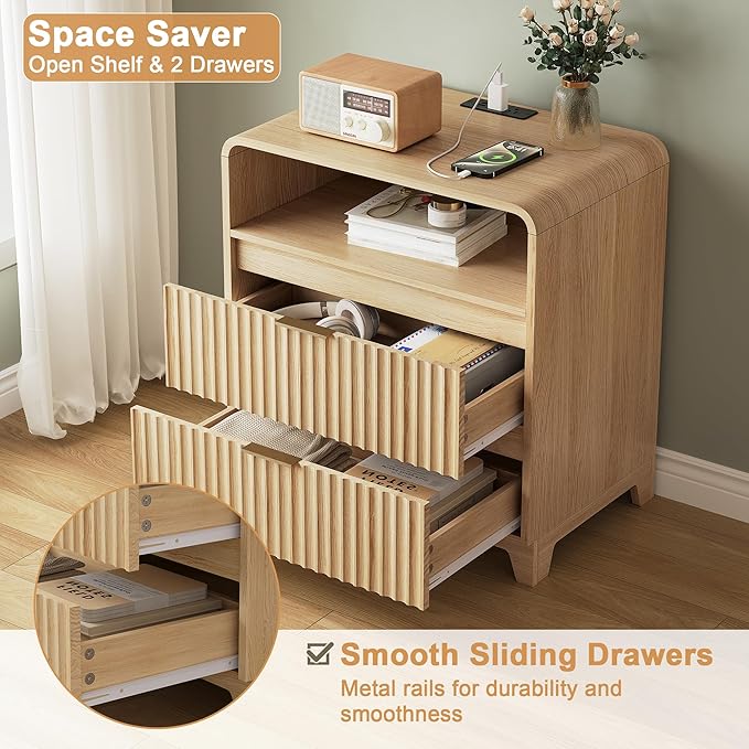 3 Piece Bedroom Furniture Set 7 Drawer Fluted Dresser & 2 Nightstand Sets with Metal Handle, Charging Station & Storage Cabinet, Modern Design for Bedroom/Living Room, Natural