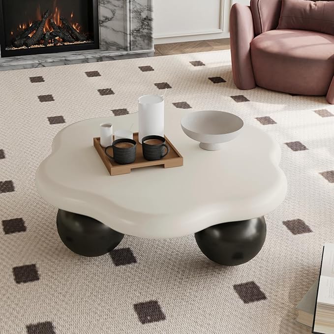35" Cloud Coffee Table with 3 Ball Legs, Modern Minimalist Petal Center Table for Living Room, Low Cute Small MDF Tea Table for Bedroom, Small Space Apartment-White Black