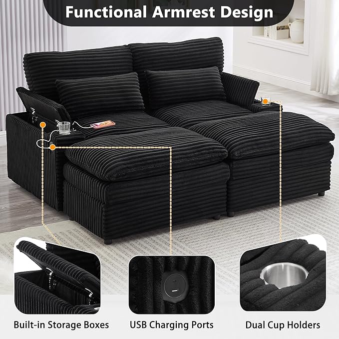 Modular Sectional Sofa Convertible Loveseat Couch,2-Seater Deep Seat Loveseat Sofas Fluffy Corduroy Cloud Couches with Movable Ottoman, Storage Armrest,USB Ports, Cup Holders