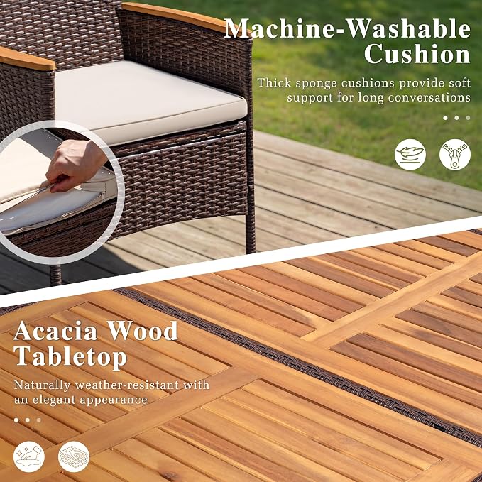 Devoko Outdoor Patio Dining Sets 9 Pieces Wicker Outdoor Dining Table and Chairs Set with Acacia Wood Table Top and Widened Armrests for Backyard, Garden, Deck (Brown) - Image 3