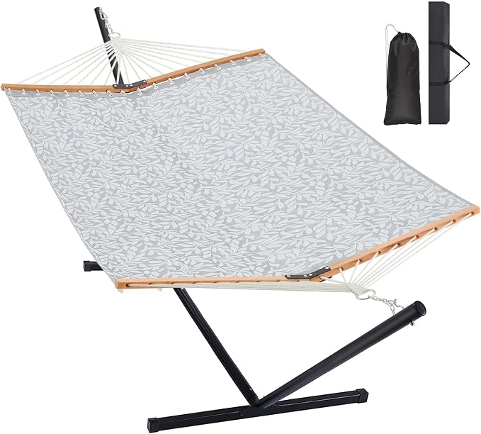 Homgava Two Person Hammock with Stand for Outside Heavy Duty, Outdoor Patio Hammock with Portable Steel Stand, Large Double Hammocks with Quick Dry Textilene Fabric,480lbs Capacity.(Grey White) by HomgavaLiveWhatYouLove