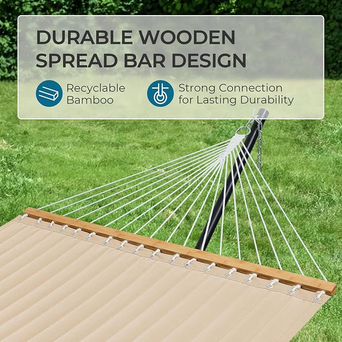 SUPERJARE Hammock with Stand, 2 Person Quilted Outdoor Hammock, Detachable Pillow & Bamboo Spreaders, Portable Hammock with Carrying Bag, Heavy Duty Stand, Perfect for Outside, Patio, Beige - Image 7
