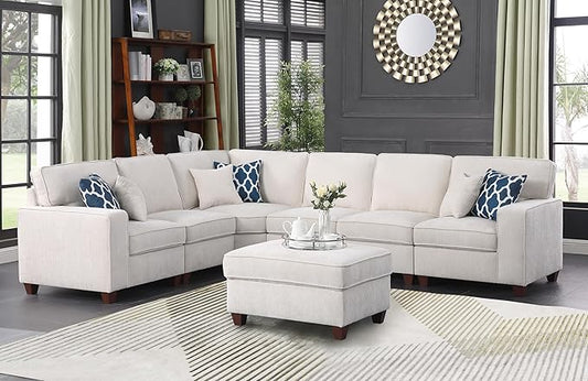 Ball & Cast 116" L-Shaped Sectional Couch with Movable Ottoman and 6 Throw Pillows,7 Seat Chenille Upholstered Sectional Sofa W/Wide Armrest,DIY Combination,Comfy Sectionals Set for Living Room,Beige