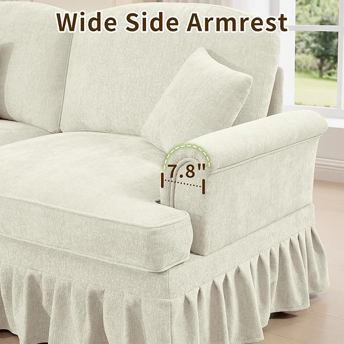 Rovibek 107” U Shaped Couch, Chenille Midcentury Modern Sofa with Detachable Ruffle Hem, Sectional Couches for Living Room with Throw Pillows & 2 Ottoman, White