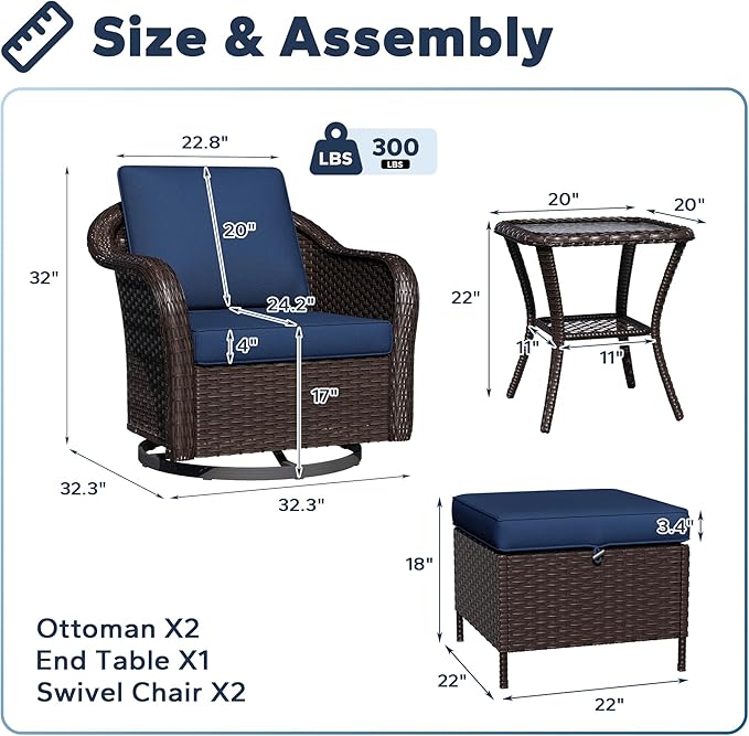 5 PCS Outdoor Conversation Set | 2 Swivel Chairs, 1 Side Table, 2 Ottomans, Patio Wicker Conversation Furniture with Removable Cushions for Bistro, Deck, Sunroom(Navy Blue)