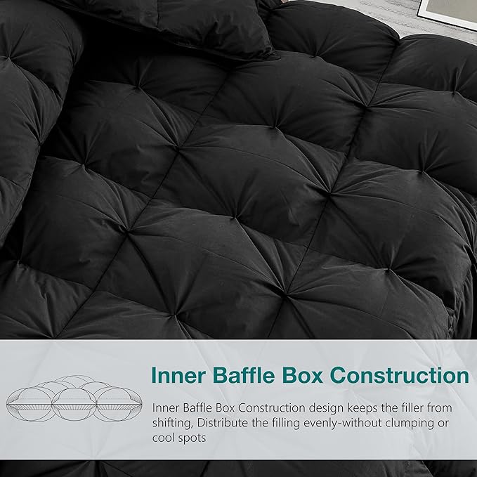 KAKABELL Pinch Pleat Goose Down Feathers Fiber Comforter Palatial King Size All Season-Ultra Soft and Cozy Noiseless Duvet Insert with Egyptian Cotton Blend Cover,Fluffy Warm Comforter Black,120"X98"