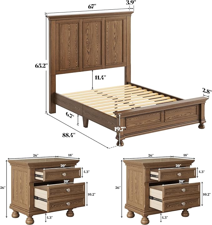 AMERLIFE Solid Wood 3 Piece Bedroom Set Including 65.2" High Queen Bed Frame, Fully Assembled Nightstands Set of 2 with 2 Storage Drawers for Bedroom, Light Brown