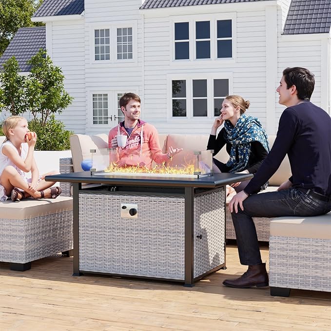7PCS Outdoor Patio Furniture Set with 55,000 BTU Fire Pit Table, PE Wicker Rattan Sectional Sofa Patio Conversation Set with Thickened Cushions & Coffee Table for Garden, Navy Blue