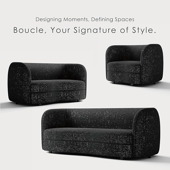Furniture of America Nimiane Modern Boucle 3 Piece Sofa Set with Curved Arms and Wooden Legs, Accent Furniture Sets for Living Room, Home Office, Bedroom, Lounge, Black