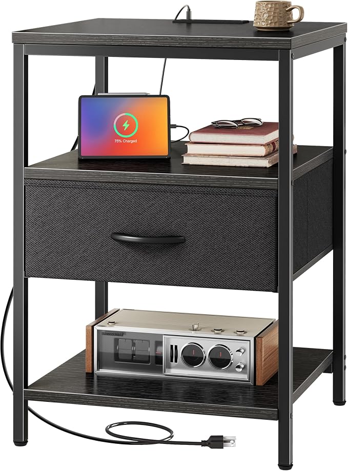 SUPERJARE Night Stand with Charger Station, 27.7 Inch Tall Nightstand with Adjustable Fabric Drawer, Bed Side Table, Fabric Drawer Dresser for Bedroom, Living Room, Black by SUPERJARE