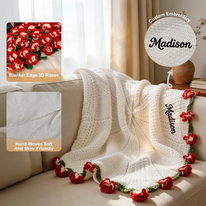 Personalized Handmade Crochet Rose Flower Blanket Bouquet – Custom Name Gift for Mother's Day, Valentine’s Day, Mom or Girlfriend（Carnations）