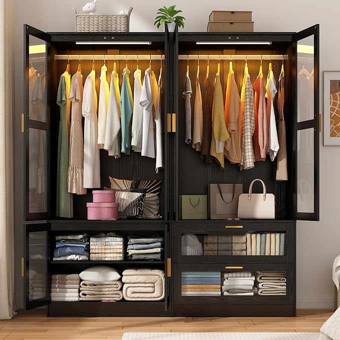 4 Doors Armoire Wardrobe Closet with LED and Mirror,71" H Freestanding Wooden Wardrobe Closet Cabinet for Bedroom w 2 Drawers,Wooden Clothing Storage Cabinet w Hanging Rod,Closets for Bedroom(Black)