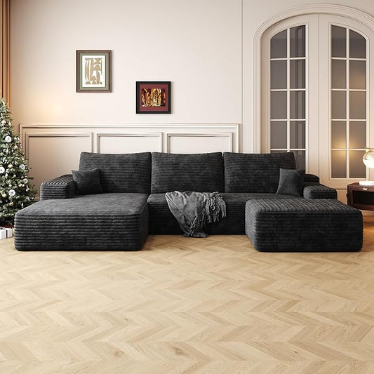 108" Cloud Modular Sectional Sofa Couch with Ottoman and L-Shape Chaise, Minimalist Upholstered Compressed Couches,Deep Seat Floor Sofa Couch,No Assembly Required