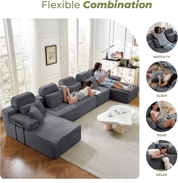 171" U-Shaped Cloud Modular Sectional Sofa with Chaise & Headrest, Boneless Deep Seat Plush Corduroy Couches for Large Living Room, No Assembly Required (Dark Gray, 171" U-shapred Chaise)