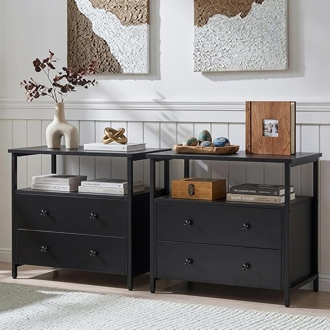 Edbuosy 27 inch Wide Night Stand Set 2 with Charging Station, Bedside Table with Open Shelf, 2 Drawers Small Wood Dresser, Modern Wood Nightstand for Bedroom/Living Room (Black) by Edbuosy