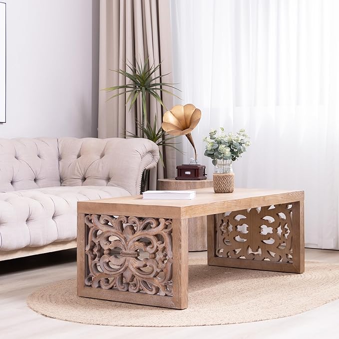 Rectangular Coffee Table with Handcrafted Ornate Side Panels, Rustic Center Table with Solid Wood Veneered, Farmhouse Tea Table for Living Room Office Apartment,47.2" L x 23.6" W x 17.9" H