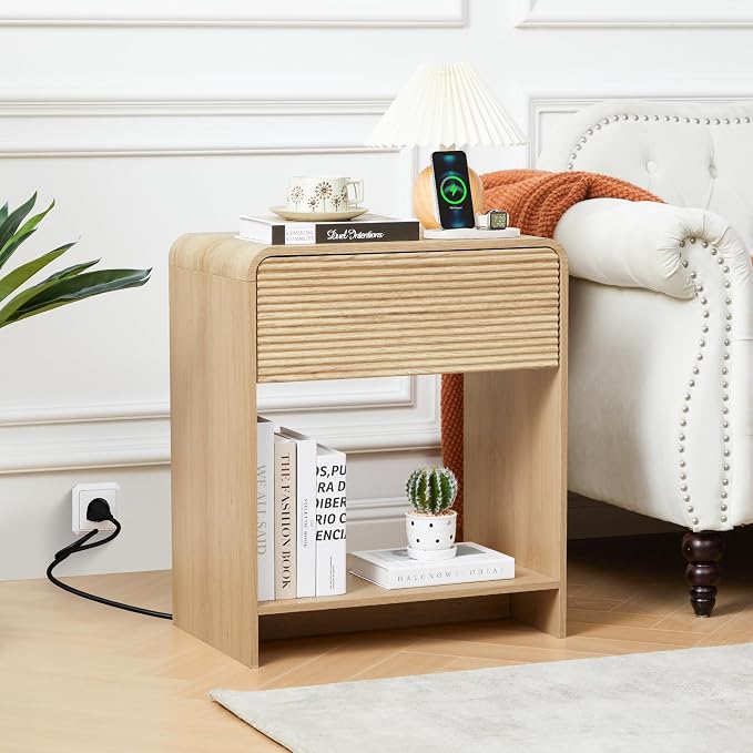 XUZENEST Fluted Nightstand with Charging Station, Mid Century Modern Bed Side Table End Table with Drawer Storage, Large Wooden Night Stands Bedside for Bedroom Living Room Sofa Office, Natural by XUZENEST