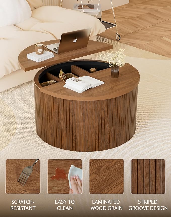 Fluted Round Lift Top Coffee Table with Storage, 31.5" Walnut Small Circle Wood Center Table for Living Room