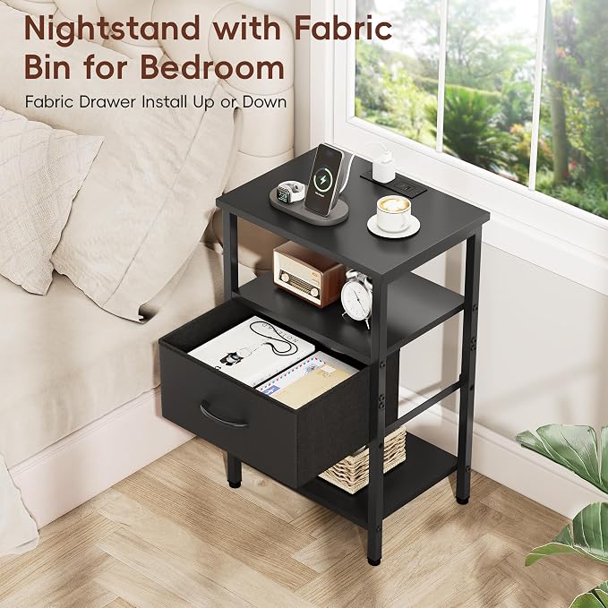 Vagusicc Set of 2 Nightstand with Charging Station, Bed Side Table with Adjustable Fabric Drawer, Night Stand for Bedroom, 3-Tier Storage End Table for Living Room, Tall Nightstand for Bedroom, Black - Image 4