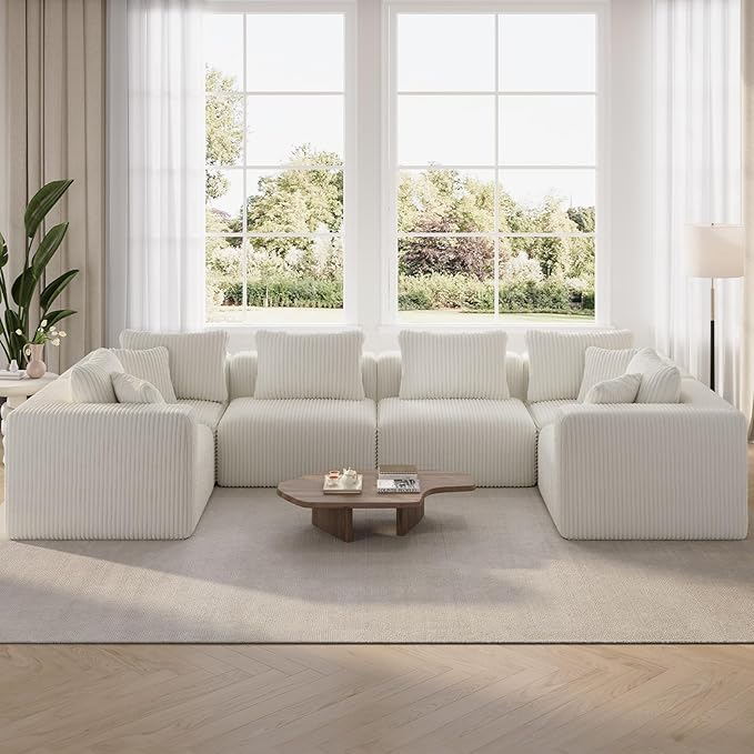 Novilla 141" Modular Sectional Sofa, Modern Cloud Sectional Couch with SmartS Coil® Support, U-Shape Upholstered Boneless Couch for Living Room Apartments Bedroom, No Assembly Required, Beige (6 Seat)