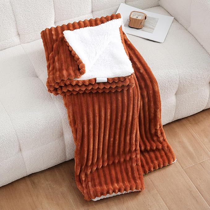 Burnt Orange Sherpa Fleece Throw Blanket 50?€???60?€? for Couch Sofa Bed,Double Side Soft Fuzzy Cozy Plush Thick Flannel Blanket with Striped Design Gift for Mother Woman