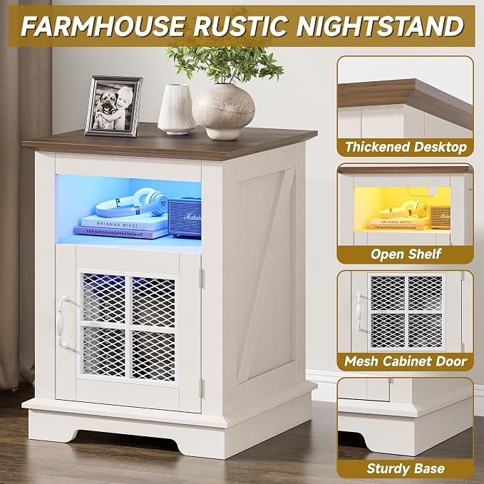 DINGIPP Nightstand Set of 2 with RGB Lights, Farmhouse Night Stand Set 2, with Magnetic Metal Mesh Barn Door, Rustic Wood Bedside End Table with Open Shelf for Bedroom, White (2 Pieces) - Image 8