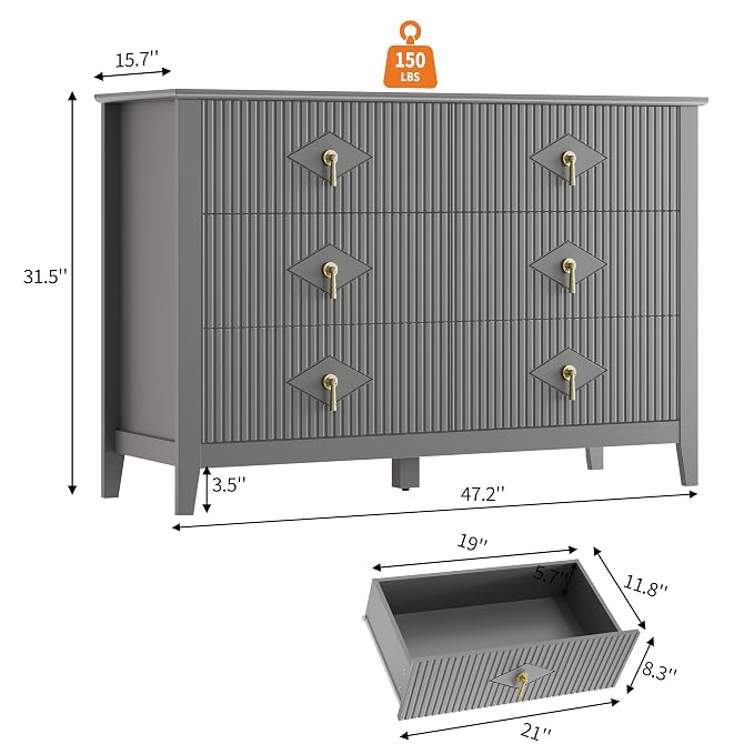 GarveeHome Fluted Dresser for Bedroom, 47.2 Inch Wide 6-Drawer Wood Dresser, Modern Chest of Drawers, Storage Organizer Cabinet for Living Room, Hallway, Entryway, Grey - Image 2